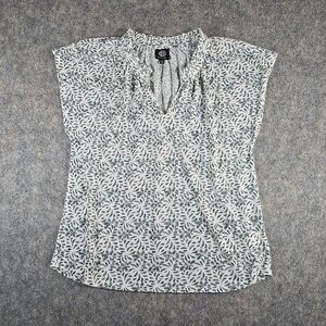 Bobeau Women's Size XL Botanical Pattern Rayon Blend Cap Sleeve Shirt Split Neck